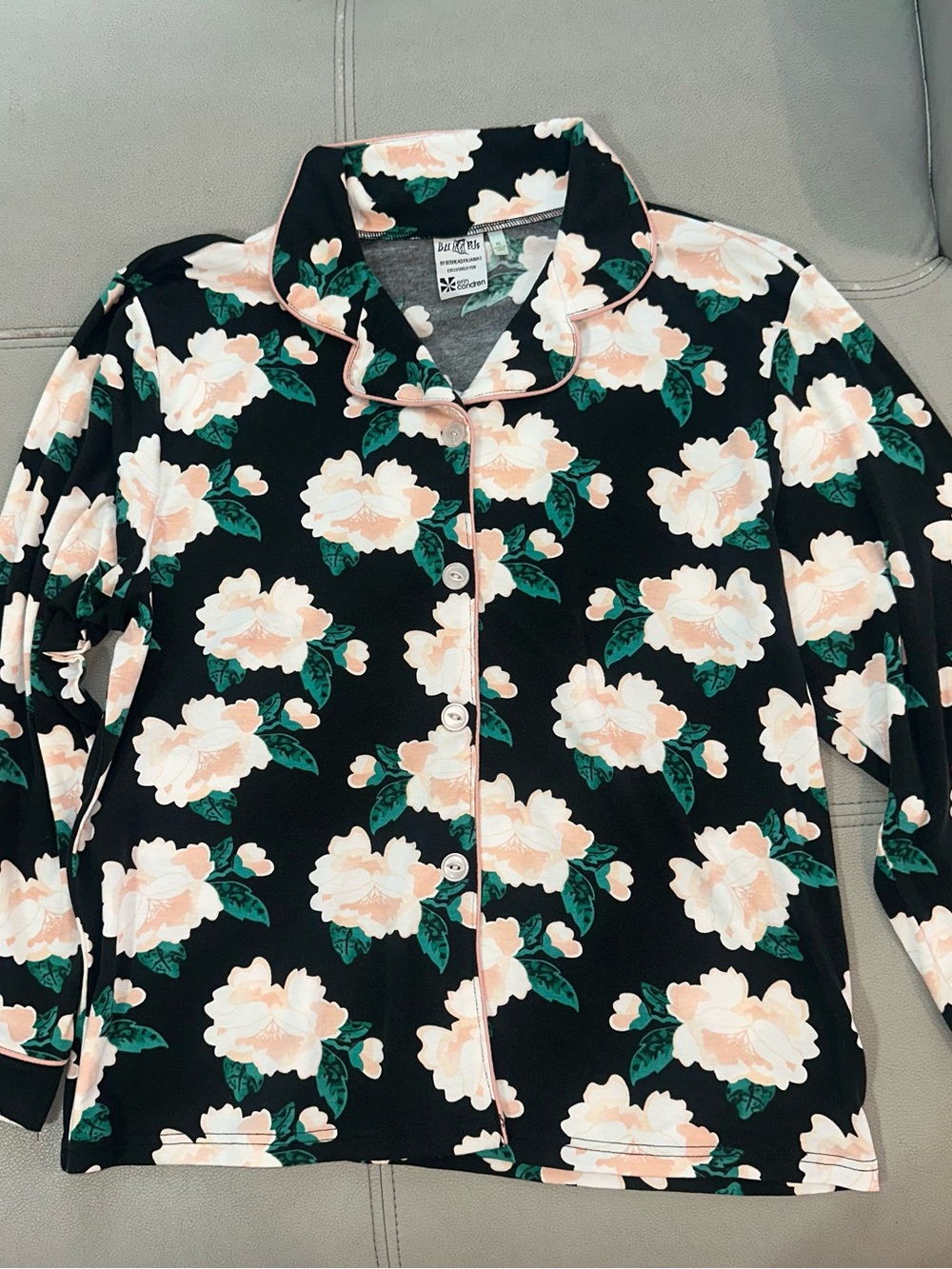 Erin Condren Black Top with Pink Floral Print and Green Leaves